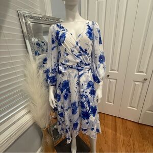 DKNY Blue and White Floral Long Sleeve Dress